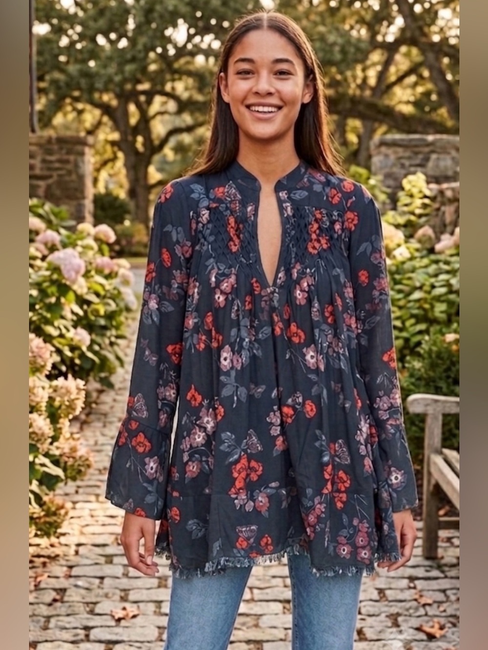 Free People So Fine Tunic Mini Dress Boho-Femme Style Black Floral & Butterflies